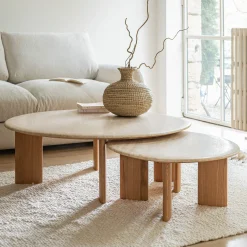 Table basse ovale en travertin et bois L115,5xl102xH37cm - beige