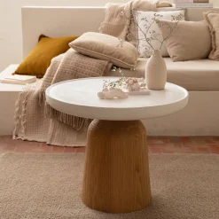 Table basse ronde en chêne et béton - blanc écru