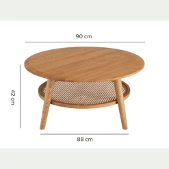 Table basse ronde en chêne et rotin D90cm - bois clair