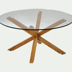 Table basse ronde en verre et piétement métal effet bois - transparent