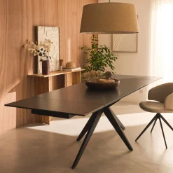 Table de repas extensible en céramique et verre trempé - noir (6 à 10 places)