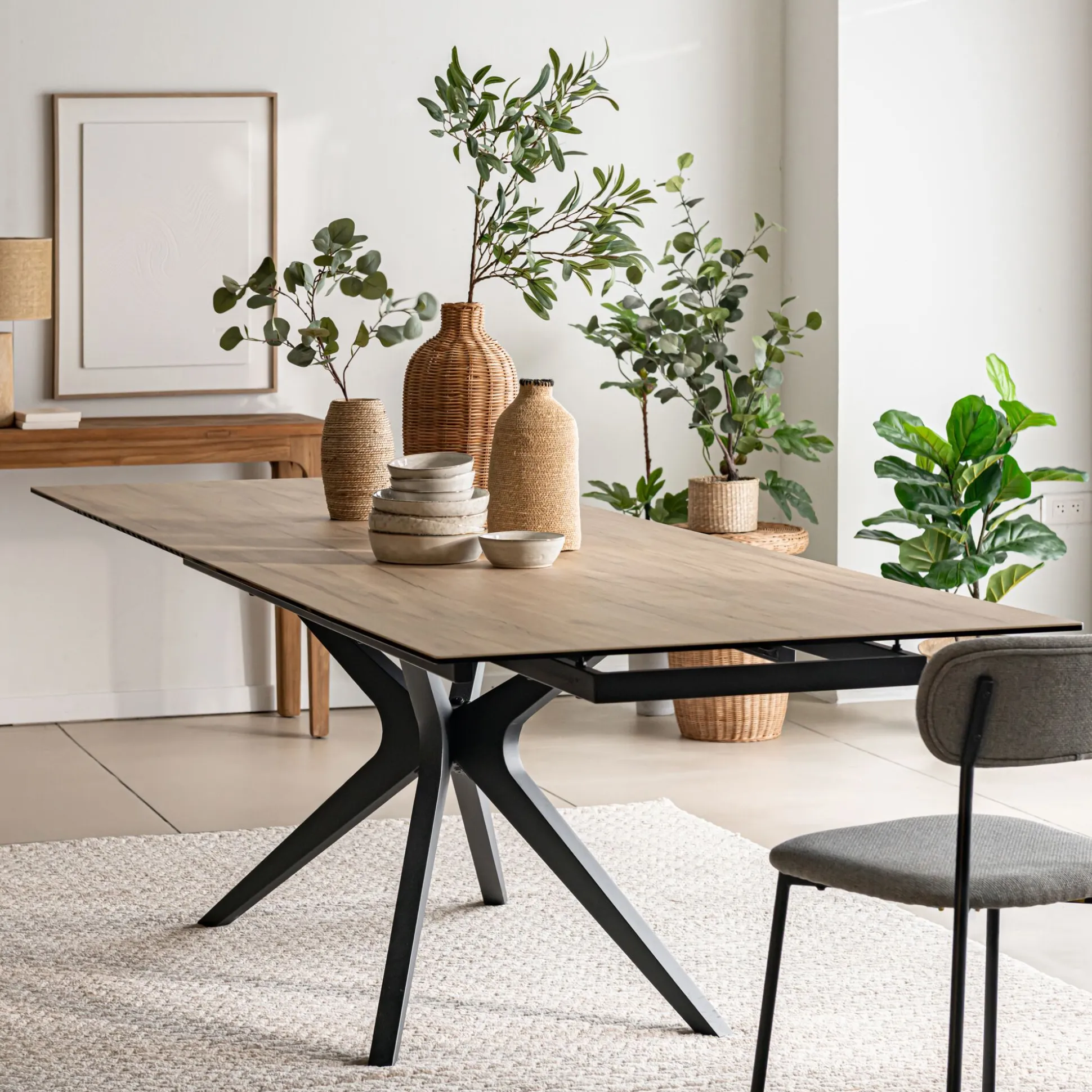 Table de repas rectangulaire extensible en céramique - bois clair (10 à 12 places)