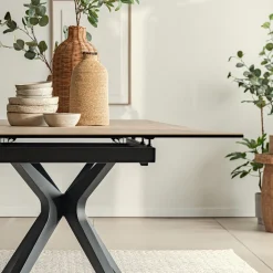 Table de repas rectangulaire extensible en céramique - bois clair (10 à 12 places)