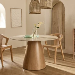 Table de repas ronde en bois et céramique - bois clair (4 à 6 places)