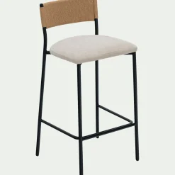 Tabouret haut de repas en corde et tissu H75cm - blanc écru