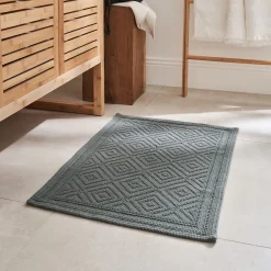 Tapis de bain surpiquage losanges en coton - vert cèdre 50x70cm