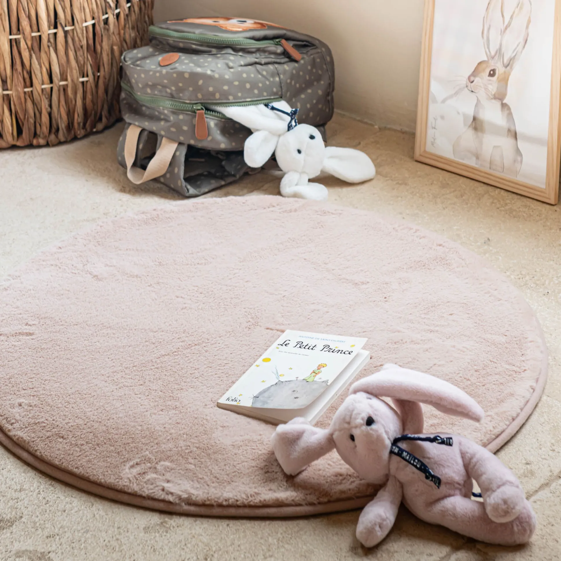 Tapis rond imitation fourrure - rose argile D70cm