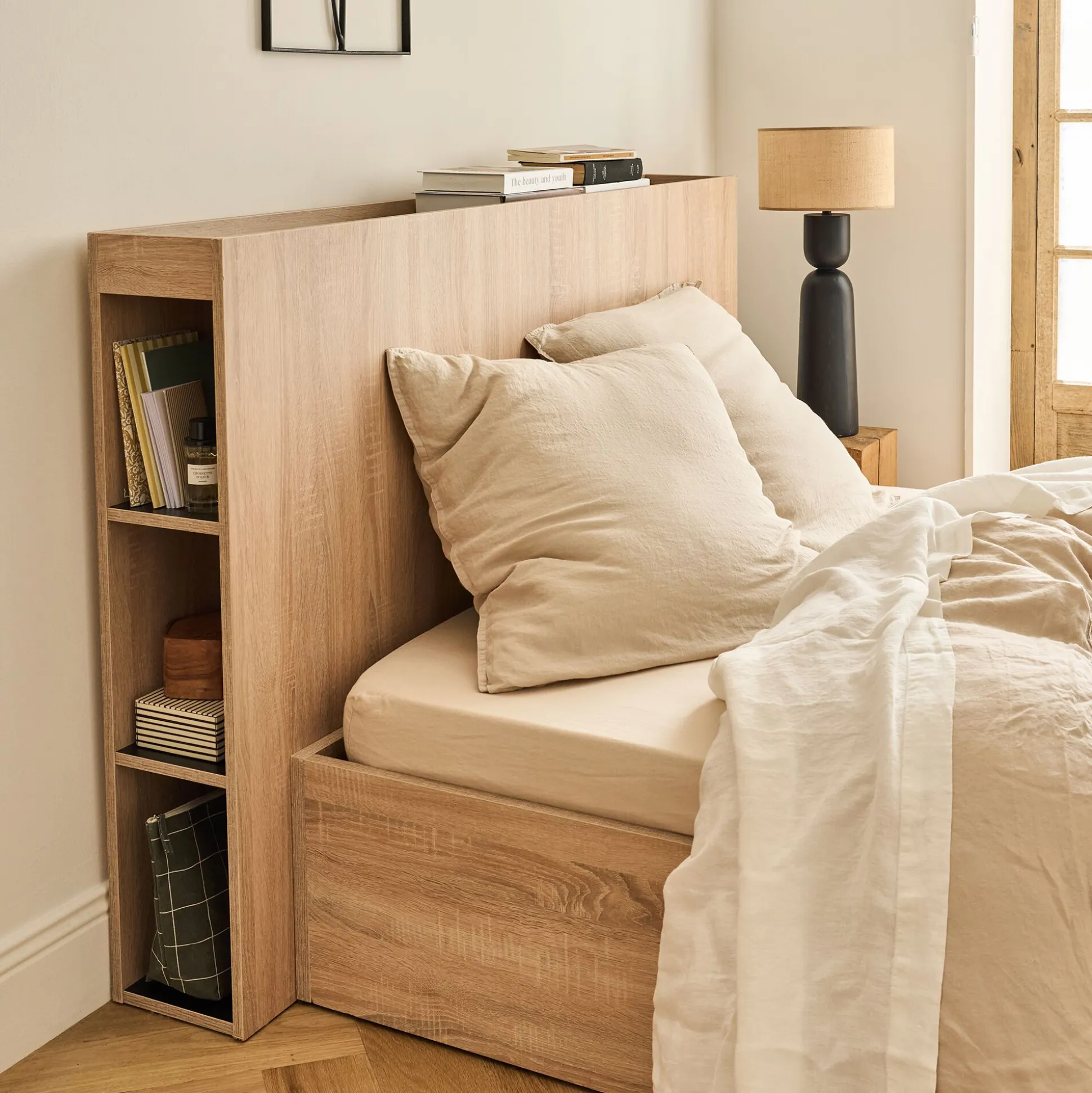 Tête de lit en bois avec rangement - effet chêne clair L165cm