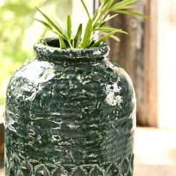 Vase texturé en grès D13,5xH16cm - vert