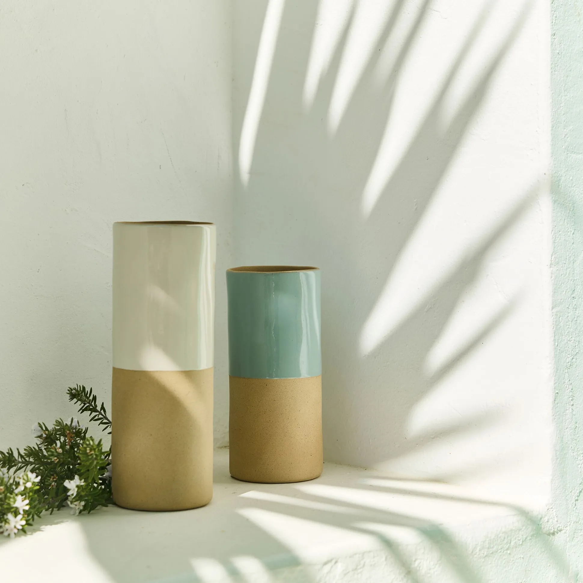 Vase tube bicolore en grès H20cm - bleu