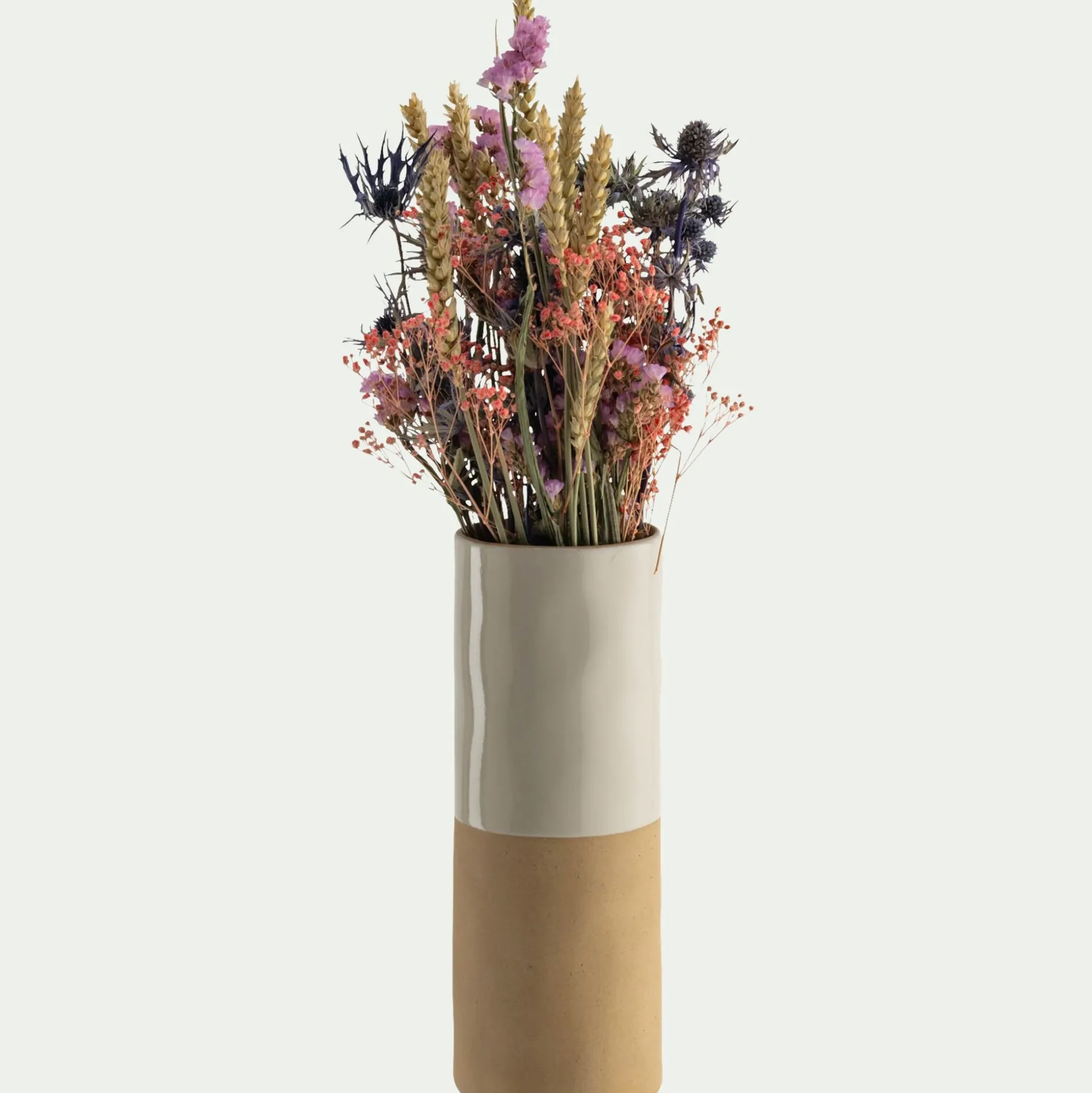 Vase tube bicolore en grès H25cm - blanc