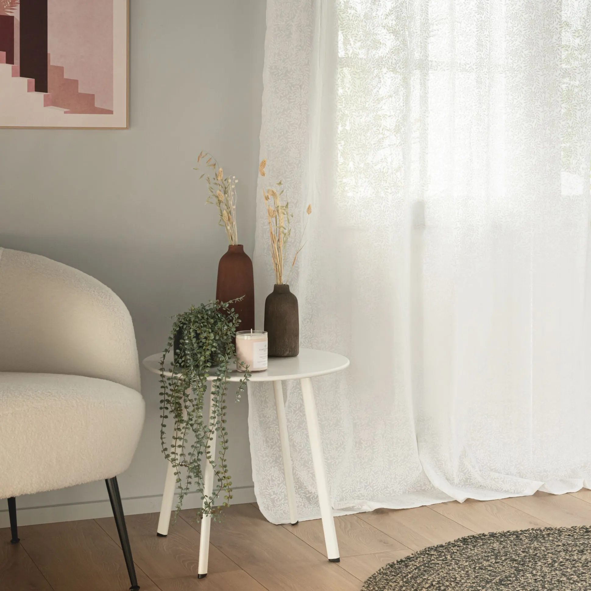 Voilage à œillets en coton motif Jasmin 140x250cm - blanc