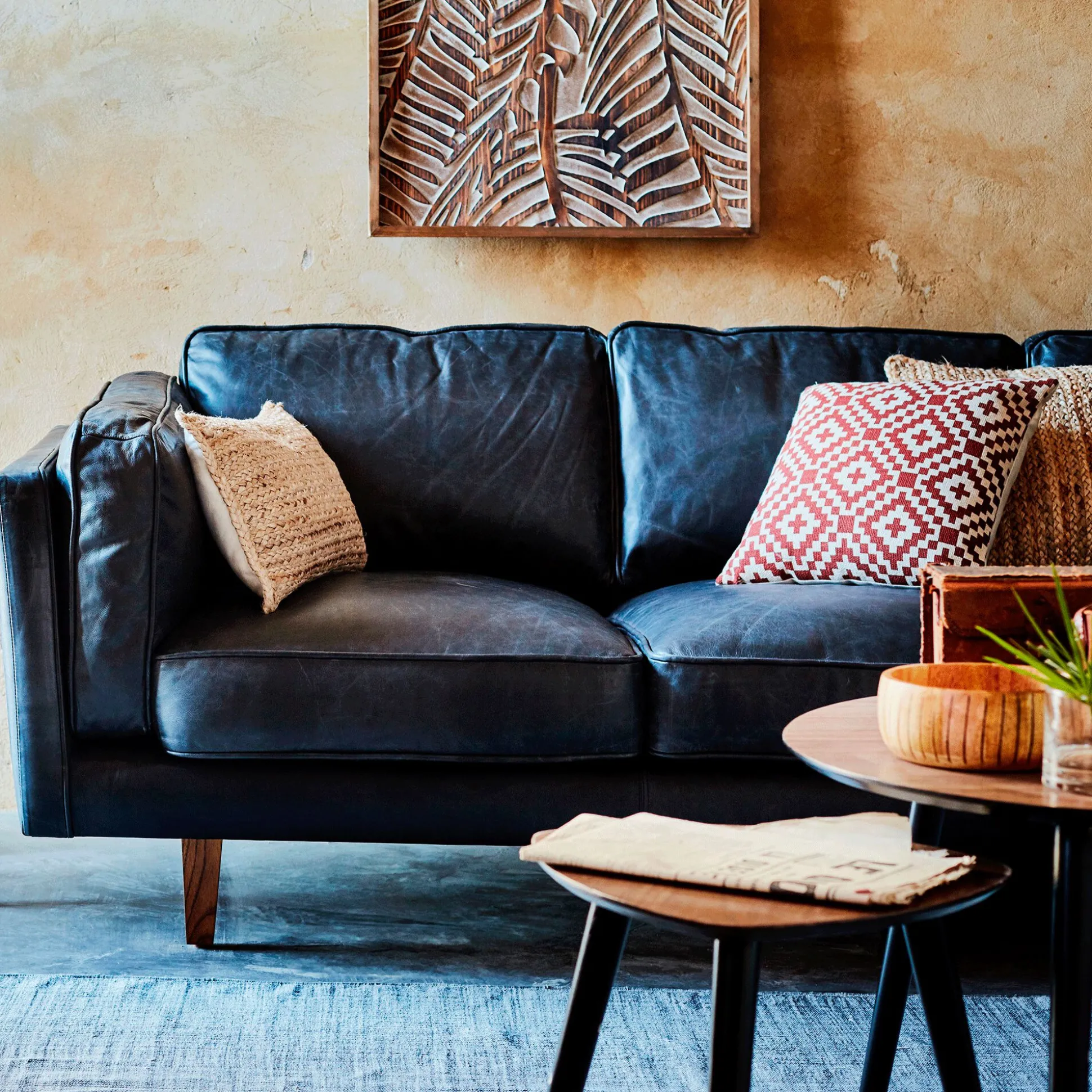 Canapé 3 places fixe en cuir de vachette - noir