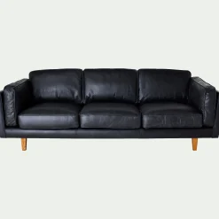 Canapé 3 places fixe en cuir de vachette - noir