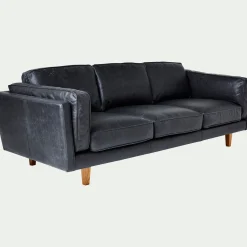 Canapé 3 places fixe en cuir de vachette - noir