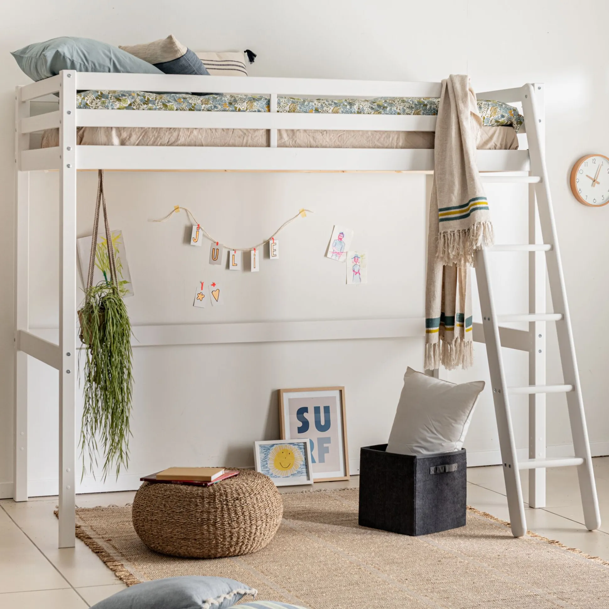 Lit enfant haut 1 place en pin 90x200cm - blanc